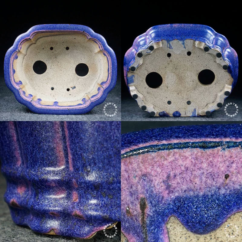9.2 inch (23.5cm) Rectangular Scalloped Corner Violet Multi-Tone Jun Glaze Bonsai Pot Inner & Bottom View
