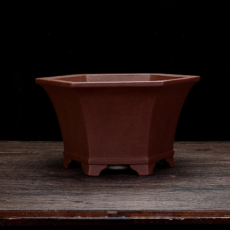 9.2 inch (23.5cm) Wide 5 inch (12.8cm) Deep Flared Hexagonal Unglazed Semi Cascade Bonsai Pot