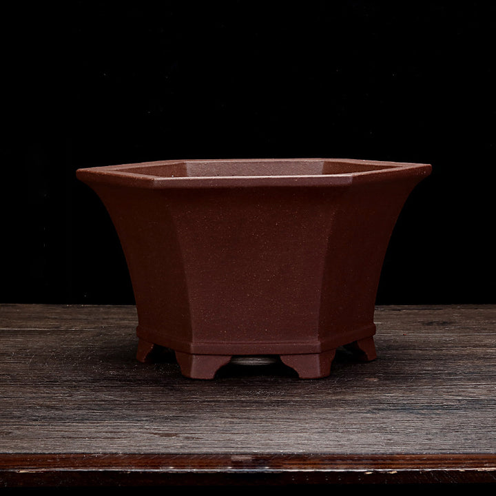 9.2 inch (23.5cm) Wide 5 inch (12.8cm) Deep Flared Hexagonal Unglazed Semi Cascade Bonsai Pot