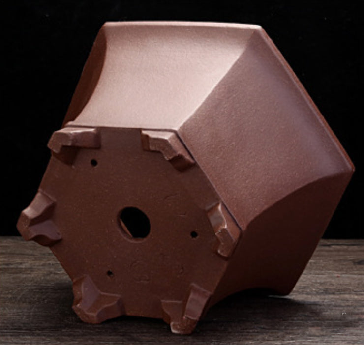 9.2 inch (23.5cm) Wide 5 inch (12.8cm) Deep Flared Hexagonal Unglazed Semi Cascade Bonsai Pot Bottom View