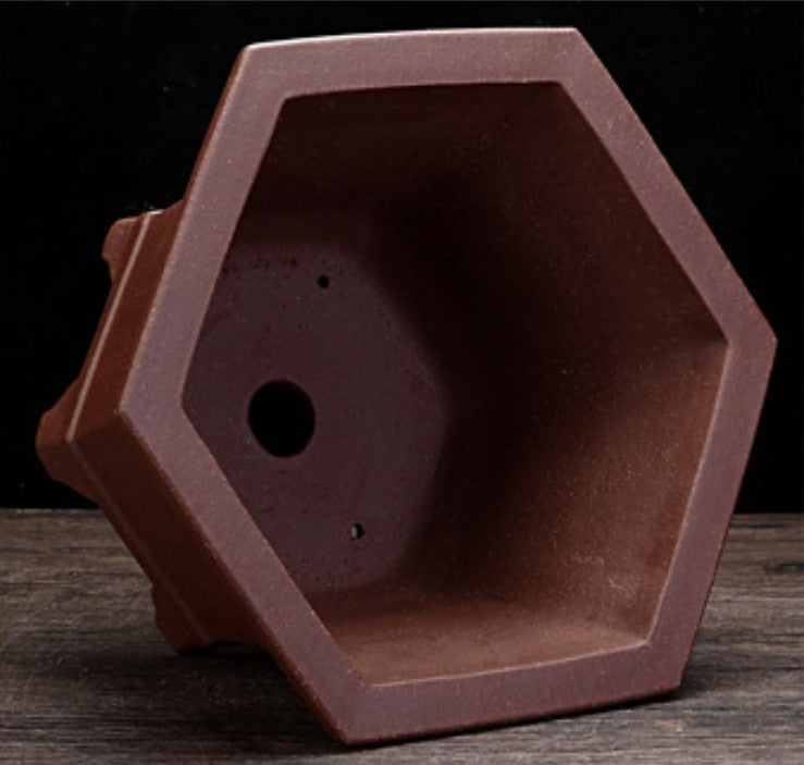 9.2 inch (23.5cm) Wide 5 inch (12.8cm) Deep Flared Hexagonal Unglazed Semi Cascade Bonsai Pot Inner View