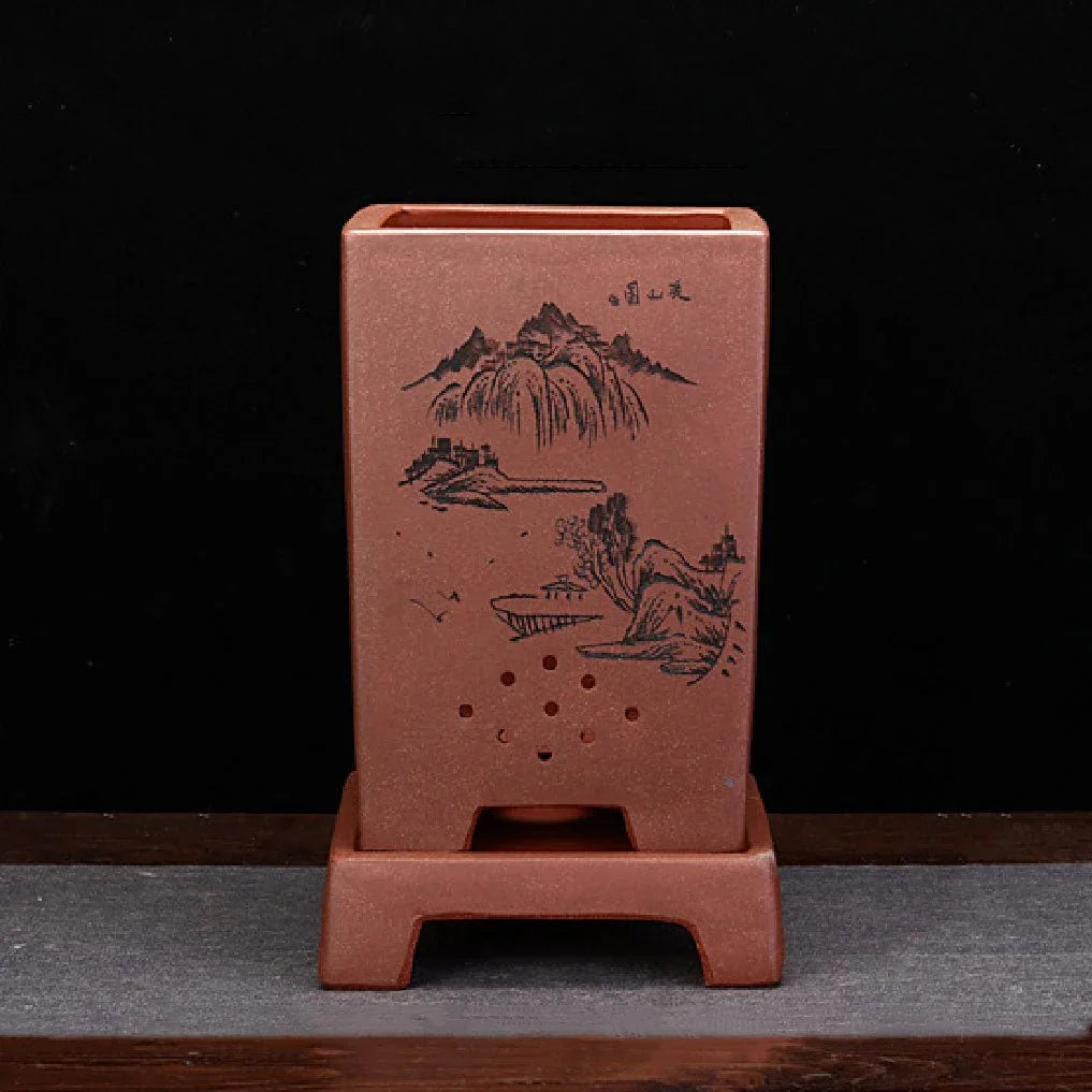 9.4" (24cm) Deep Artistic Brown Cascade Bonsai Pot w Matching Stand