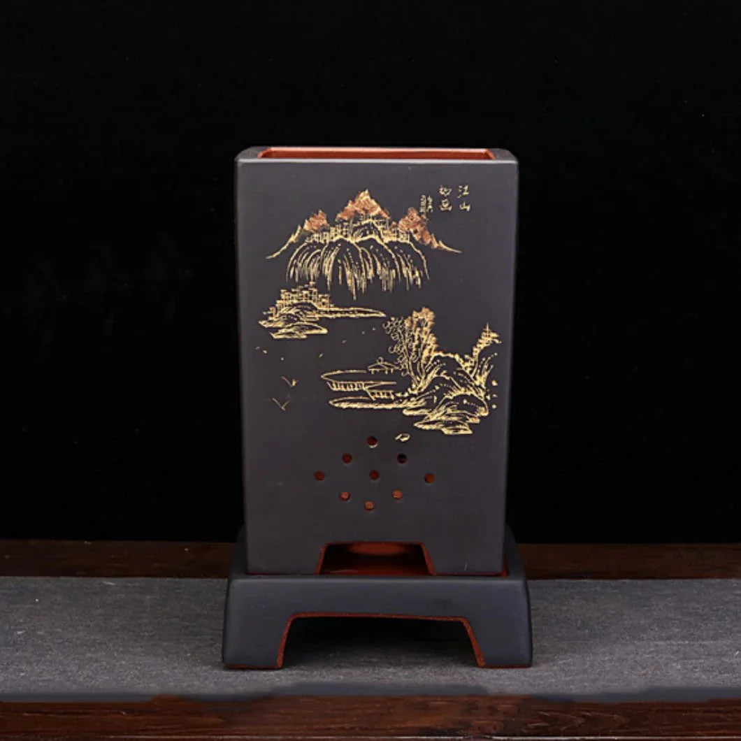 9.4" (24cm) Deep Black Artisan Cascade Bonsai Pot w Matching Stand