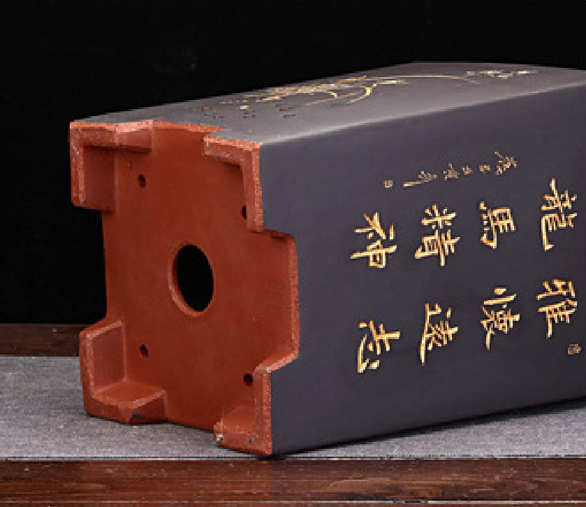 9.4" (24cm) Deep Black Artisan Cascade Bonsai Pot w Matching Stand Bottom View