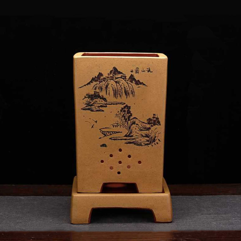 9.4" (24cm) Deep Yellow Yixing Clay Carved Square Cascade Bonsai Pot w Stand