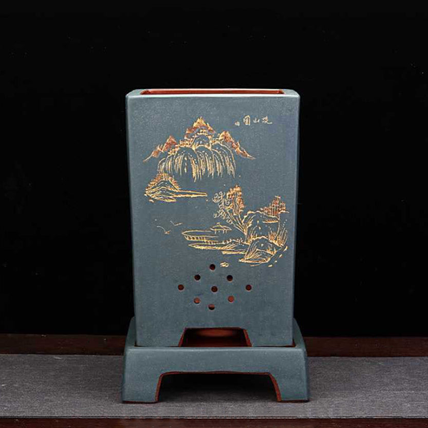 9.4" (24cm) Deep Yixing Clay Carved Square Blue Cascade Bonsai Pot w Stand