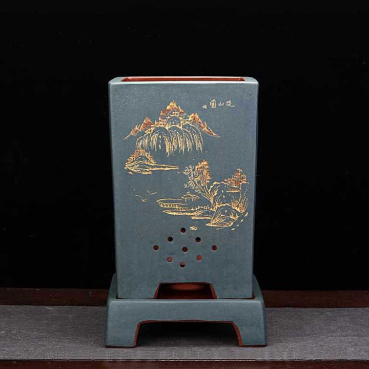 9.4" (24cm) Deep Yixing Clay Carved Square Blue Cascade Bonsai Pot w Stand