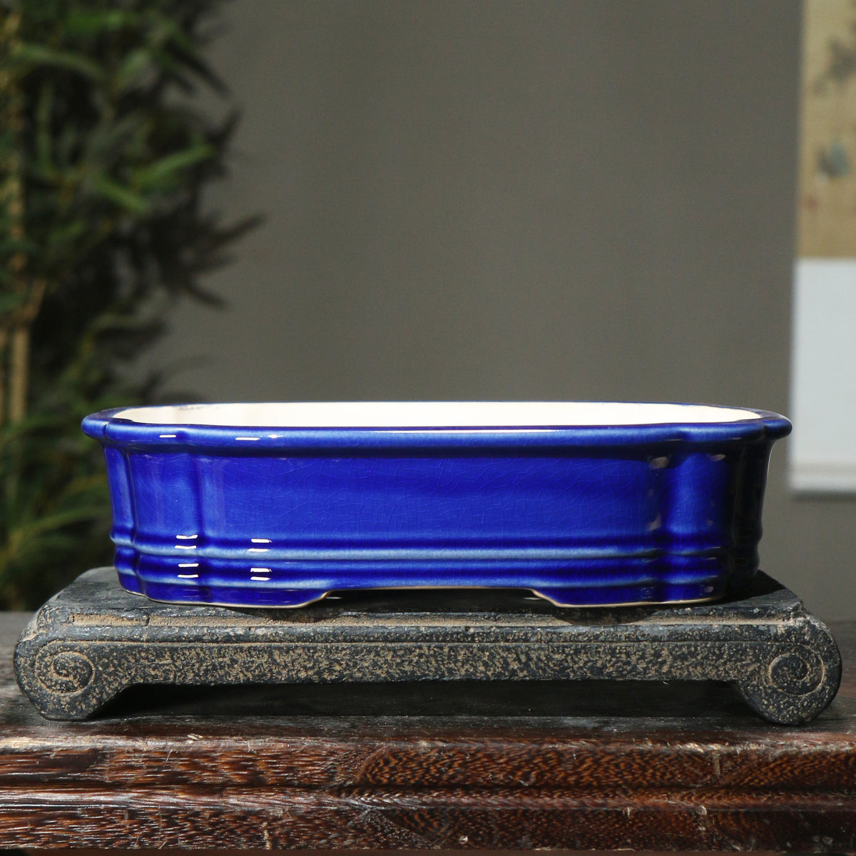 9.4" (24cm) Handmade Rectangular Cracked Glaze Bonsai Pot Dark Blue Color