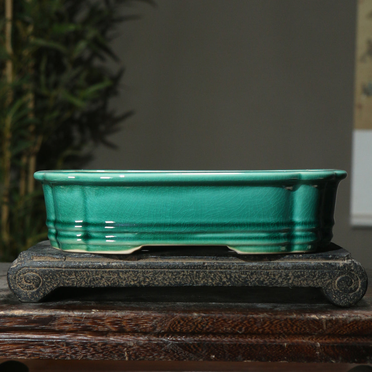 9.4" (24cm) Handmade Rectangular Cracked Glaze Bonsai Pot Green Color