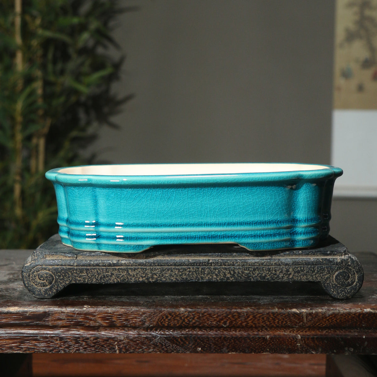 9.4" (24cm) Handmade Rectangular Cracked Glaze Bonsai Pot Ice Blue Color