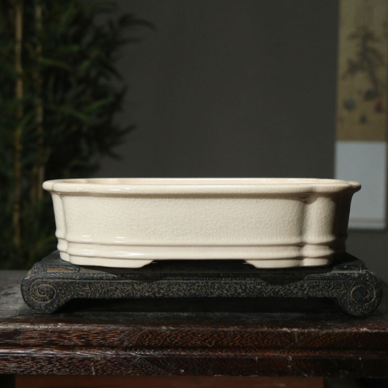 9.4" (24cm) Handmade Rectangular Cracked Glaze Bonsai Pot Milky White Color