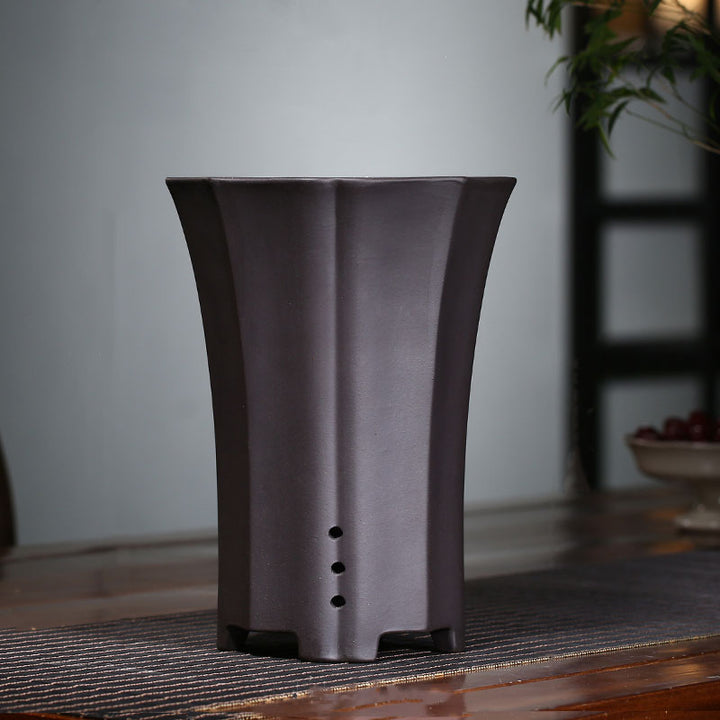 9.4 inch (24cm) Deep Round Cascade Bonsai Pots w Fluted Walls Black Color