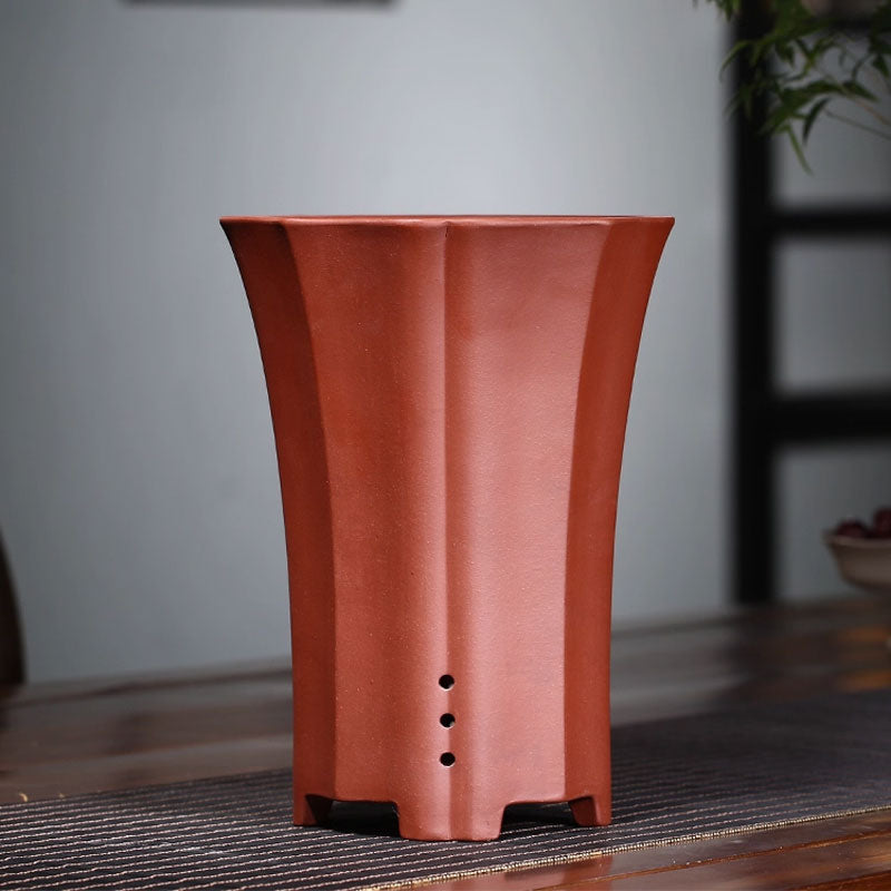 9.4 inch (24cm) Deep Round Cascade Bonsai Pots w Fluted Walls Orange Color