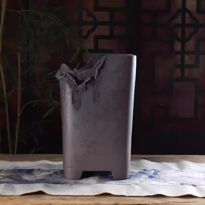 9.4 inch (24cm) Deep Square Premium Cascade Bonsai Pot w Sculpted Cliff Edge Style Rim