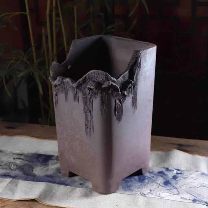 9.4 inch (24cm) Deep Square Premium Cascade Bonsai Pot w Sculpted Cliff Edge Style Rim Corner View