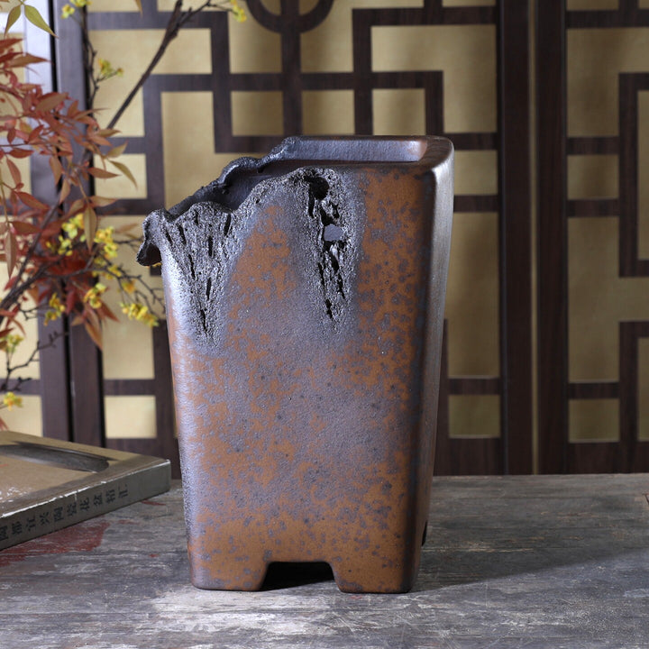 9.4 inch (24cm) Deep Square Wood-Fired Cascade Bonsai Pot w Broken Edge Style Rim