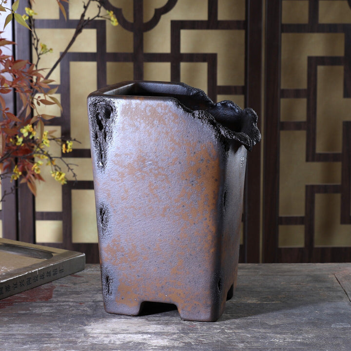 9.4 inch (24cm) Deep Square Wood-Fired Cascade Bonsai Pot w Broken Edge Style Rim