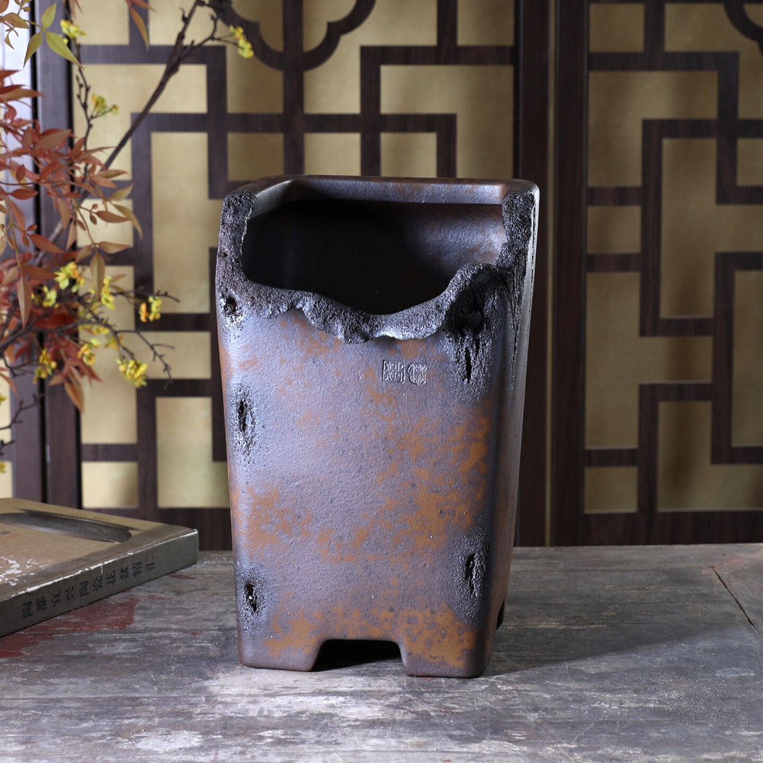 9.4 inch (24cm) Deep Square Wood-Fired Cascade Bonsai Pot w Broken Edge Style Rim