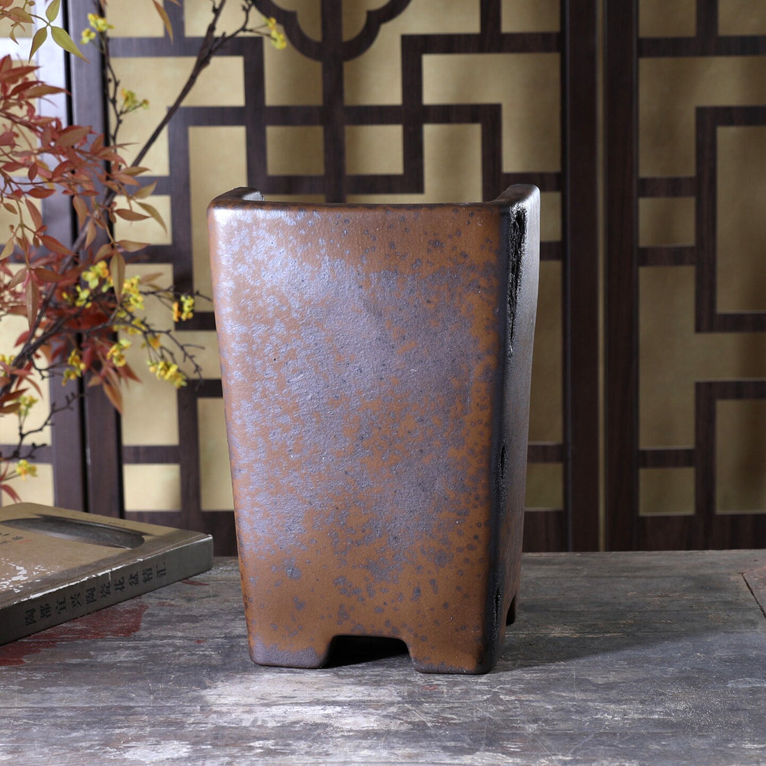 9.4 inch (24cm) Deep Square Wood-Fired Cascade Bonsai Pot w Broken Edge Style Rim Back View