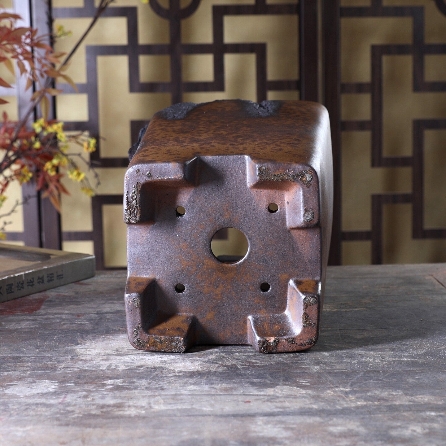 9.4 inch (24cm) Deep Square Wood-Fired Cascade Bonsai Pot w Broken Edge Style Rim Bottom View