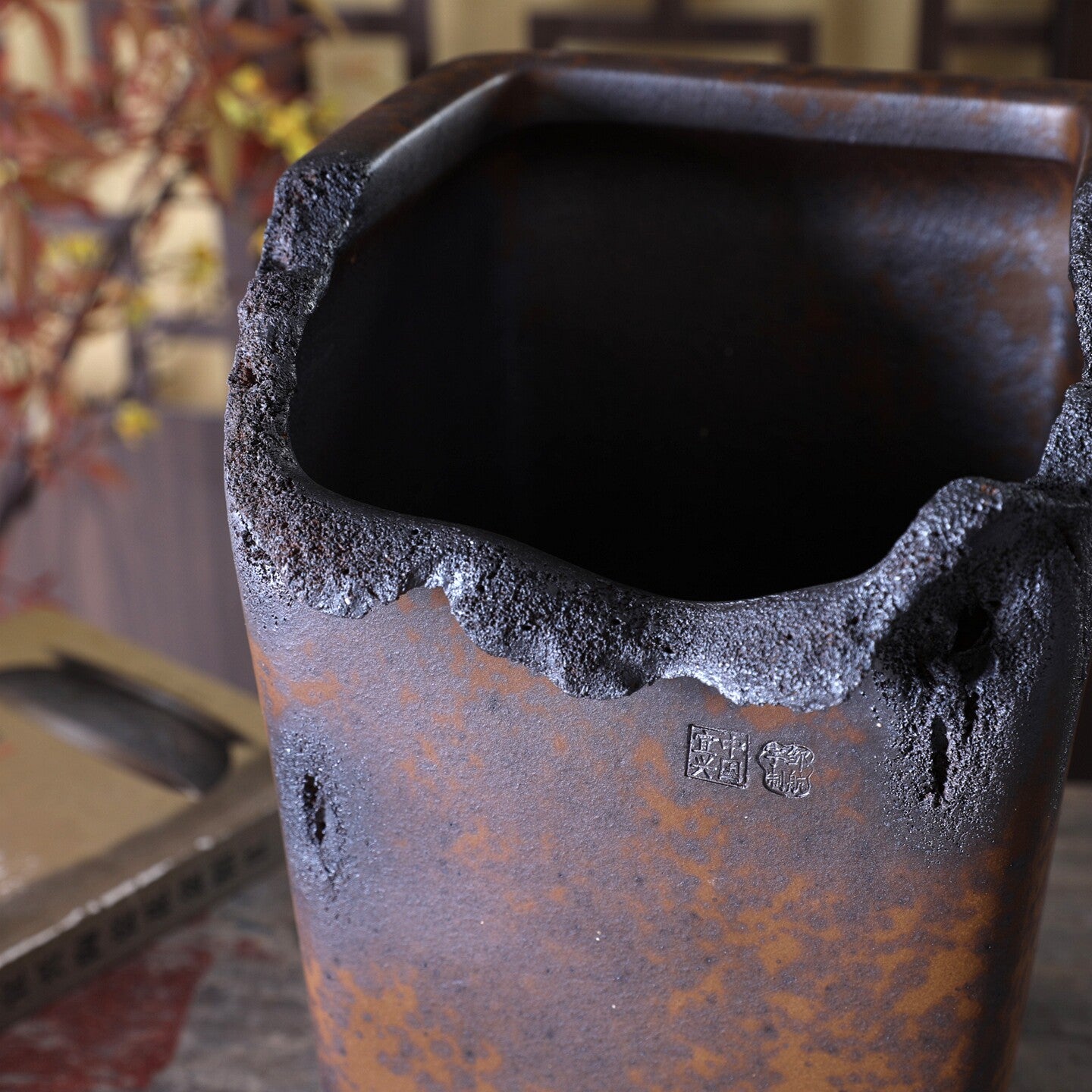 9.4 inch (24cm) Deep Square Wood-Fired Cascade Bonsai Pot w Broken Edge Style Rim Close Shot