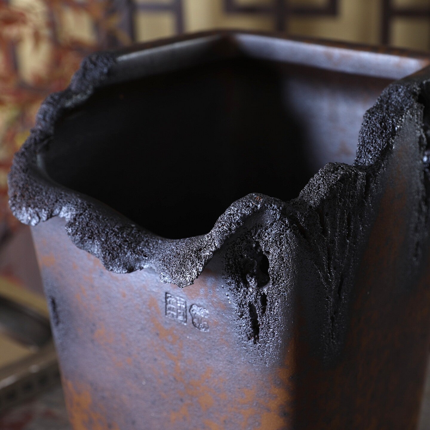 9.4 inch (24cm) Deep Square Wood-Fired Cascade Bonsai Pot w Broken Edge Style Rim Close Shot