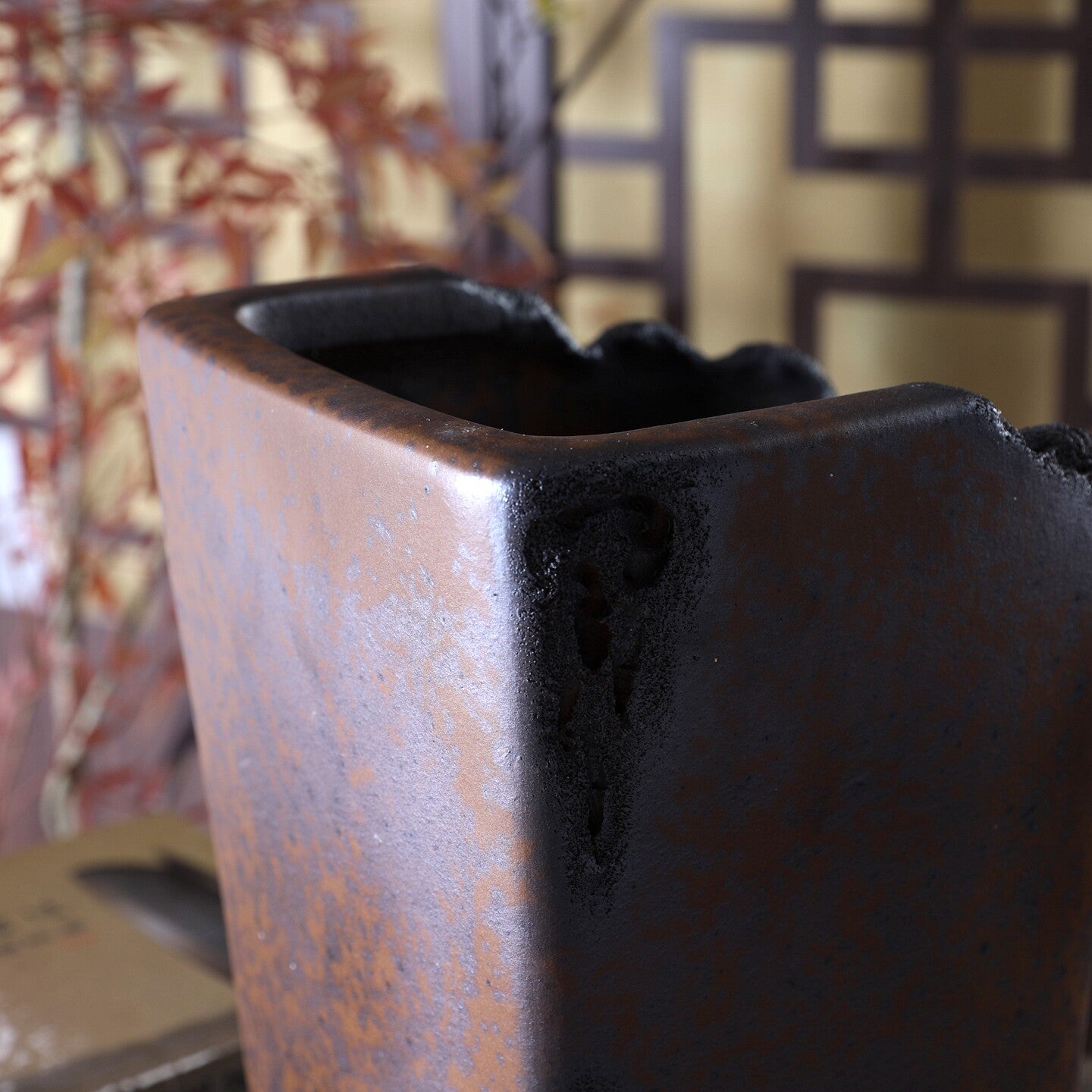 9.4 inch (24cm) Deep Square Wood-Fired Cascade Bonsai Pot w Broken Edge Style Rim Corner Back View