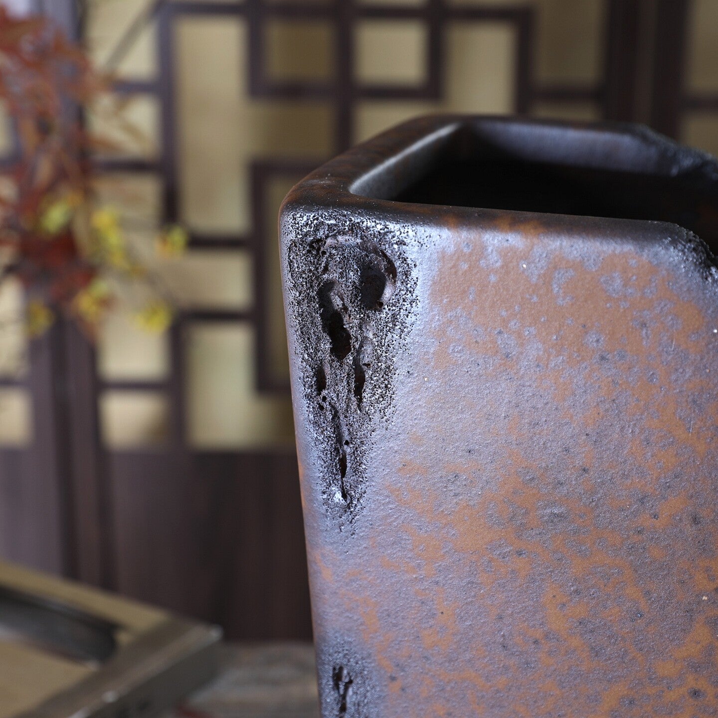 9.4 inch (24cm) Deep Square Wood-Fired Cascade Bonsai Pot w Broken Edge Style Rim Corner Back View