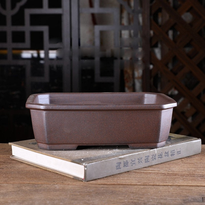 9.4 inch (24cm) Medium-Sized Corner-Cut Rectangular Wood-Fired Unglazed Bonsai Pot