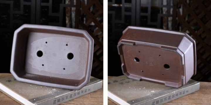 9.4 inch (24cm) Medium-Sized Corner-Cut Rectangular Wood-Fired Unglazed Bonsai Pot Inner & Bottom View
