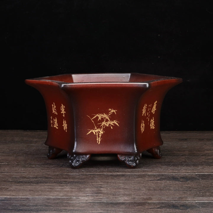 9.4 inch (24cm) Medium Sized Hexagonal Engraved Red-Black Dual Tone Ceramic Bonsai Pot
