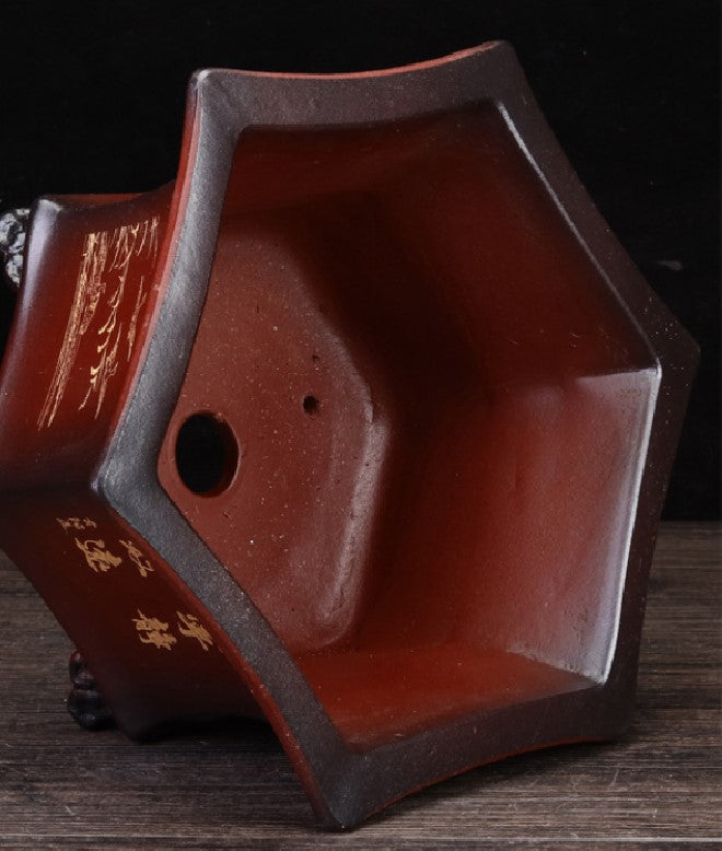 9.4 inch (24cm) Medium Sized Hexagonal Engraved Red-Black Dual Tone Ceramic Bonsai Pot Inner View