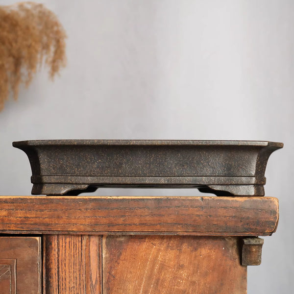 9.4 inch (24cm) Rectangular Corner-Cut Premium Unglazed Black Shallow Bonsai Pot