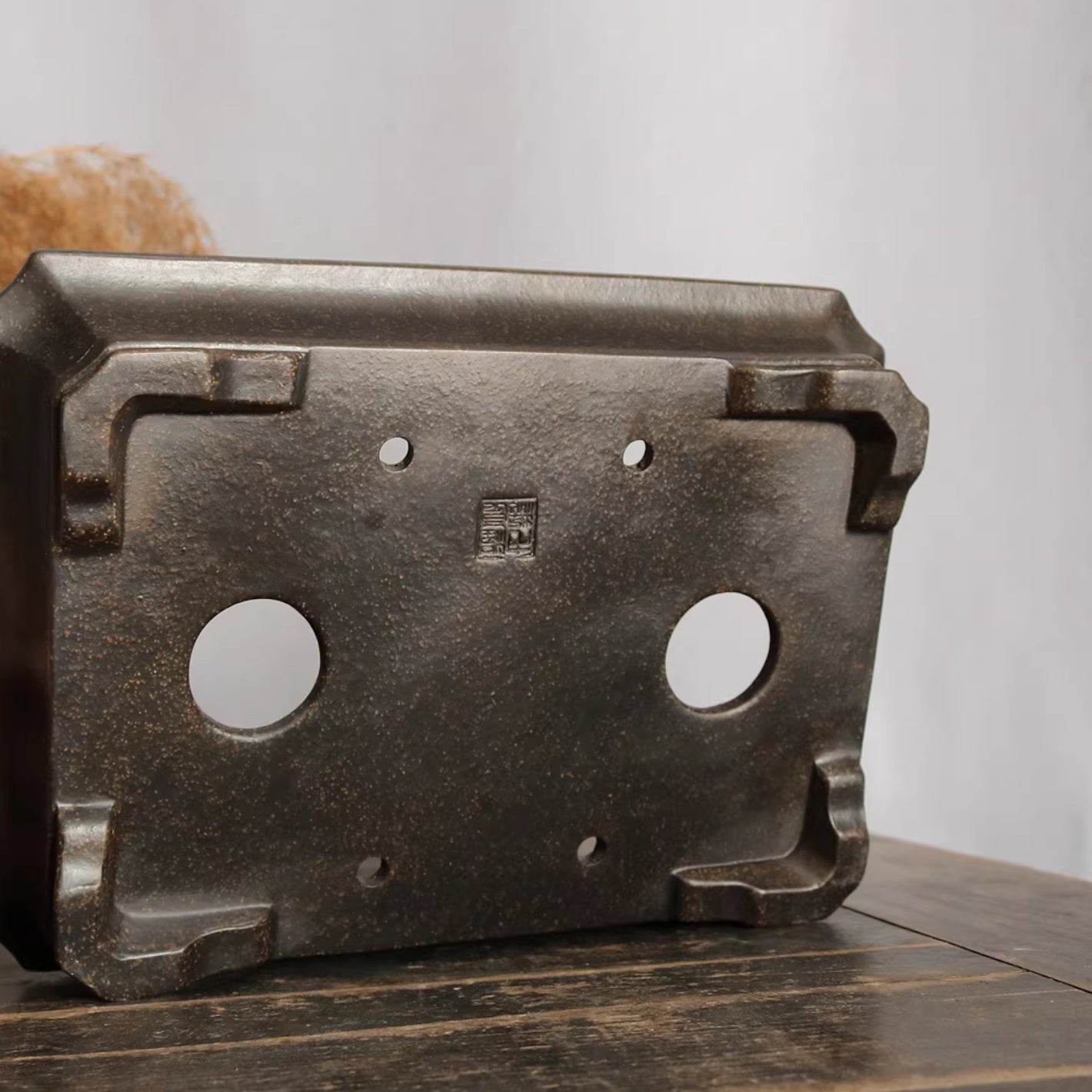 9.4 inch (24cm) Rectangular Corner-Cut Premium Unglazed Black Shallow Bonsai Pot Bottom View