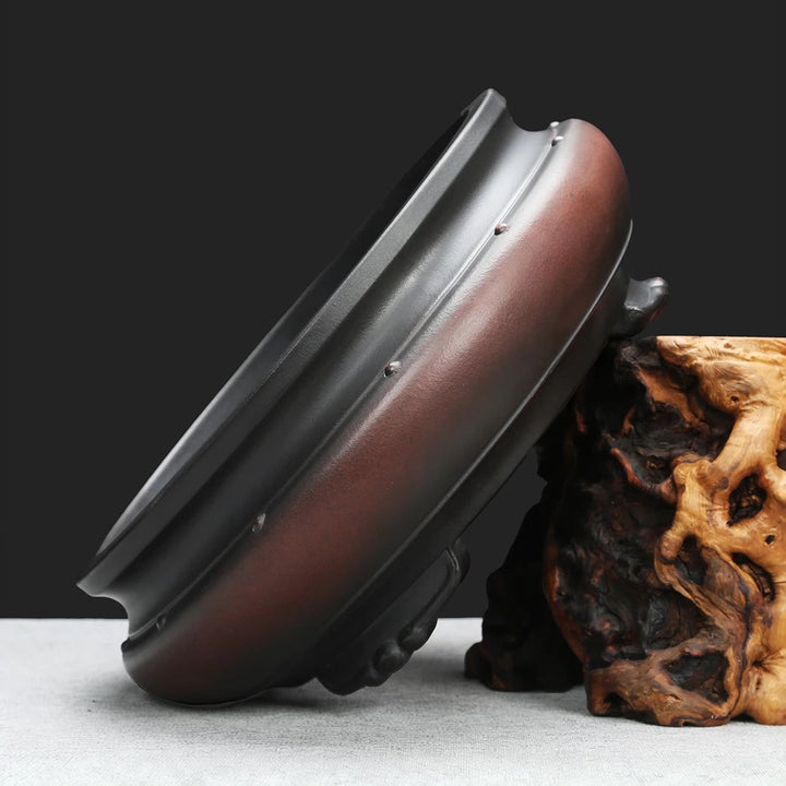 9.4 inch (24cm) Round Unglazed Antique-Style Bonsai Pot w Inward-Tapered Rim Side View