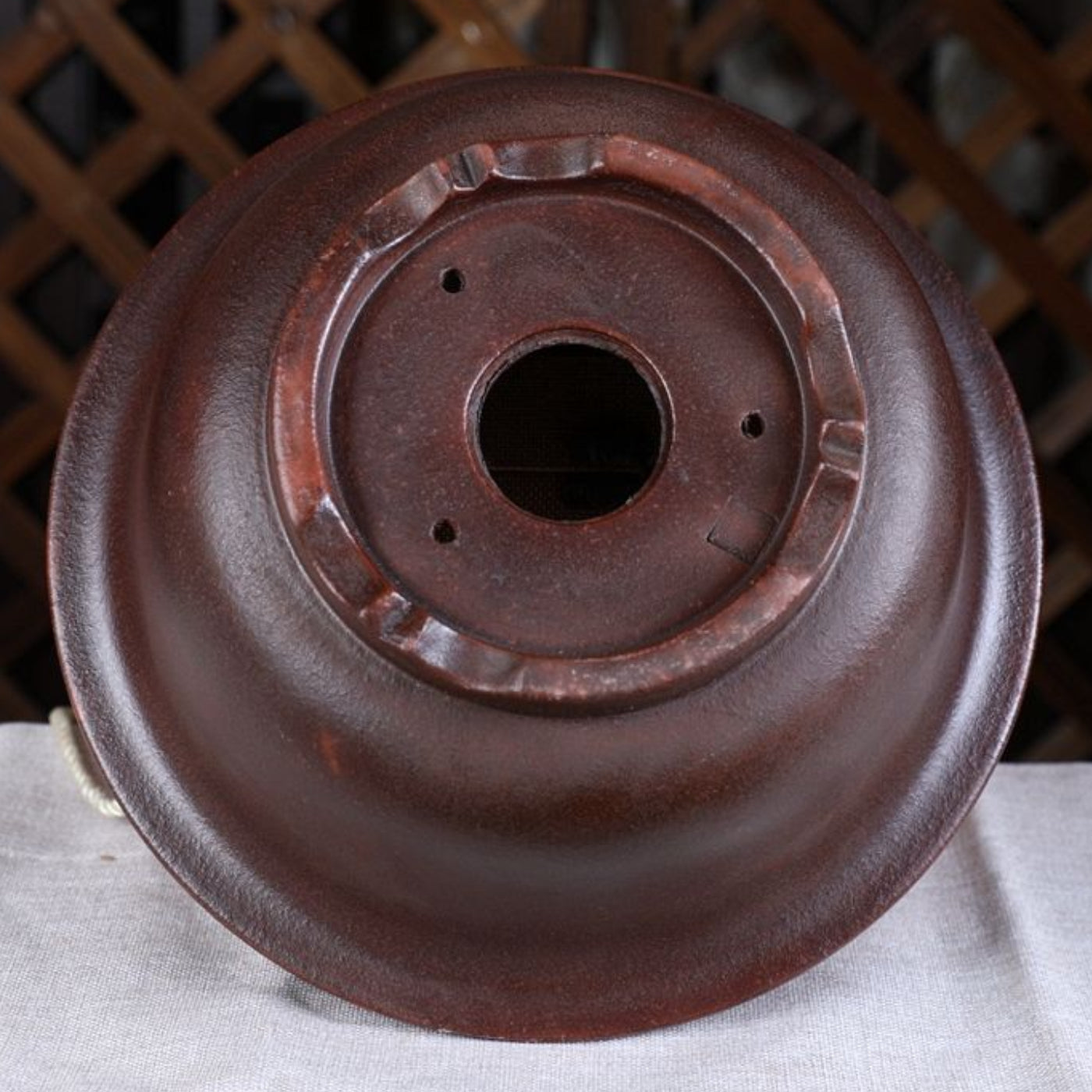 9.4 inch (24cm) Wide 5.1 inch (13cm) Deep Round Unglazed Semi Cascade Bonsai Pot w Flared Rim Bottom View