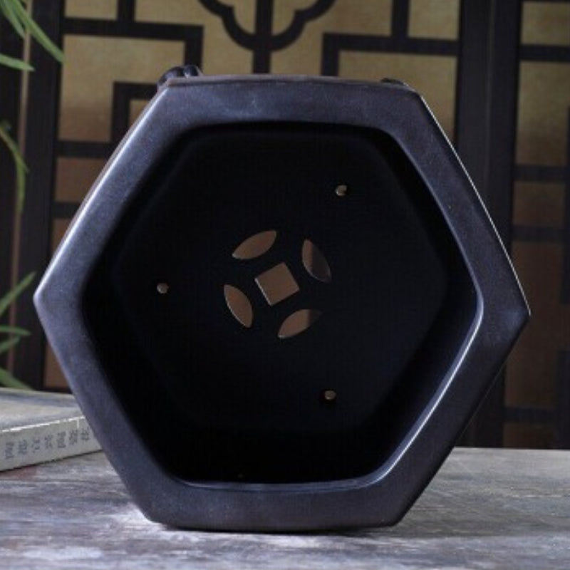 9.4 inch (24cm) Wide 7 inch (17.8cm) Deep Hexagonal Semi Cascade Bonsai Pot w Paw-Style Feet Inside View