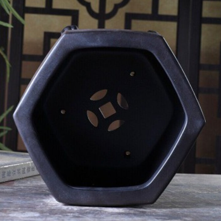 9.4 inch (24cm) Wide 7 inch (17.8cm) Deep Hexagonal Semi Cascade Bonsai Pot w Paw-Style Feet Inside View