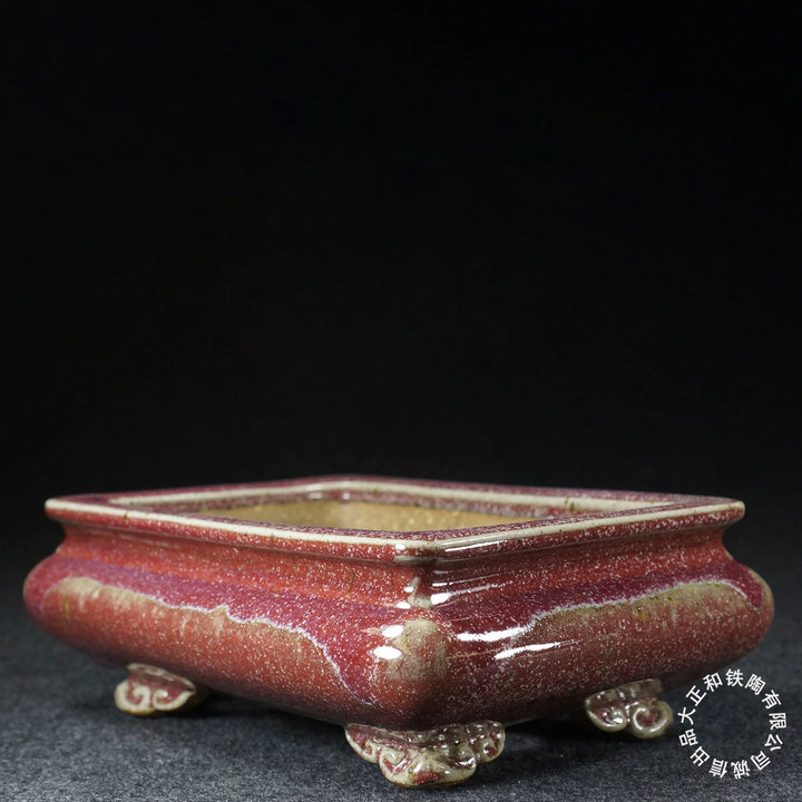 9.5 inch (24.3cm) Bulged Rectangular Pink-Red Multi-Tone Jun Glaze Bonsai Pot with Cloud Feet