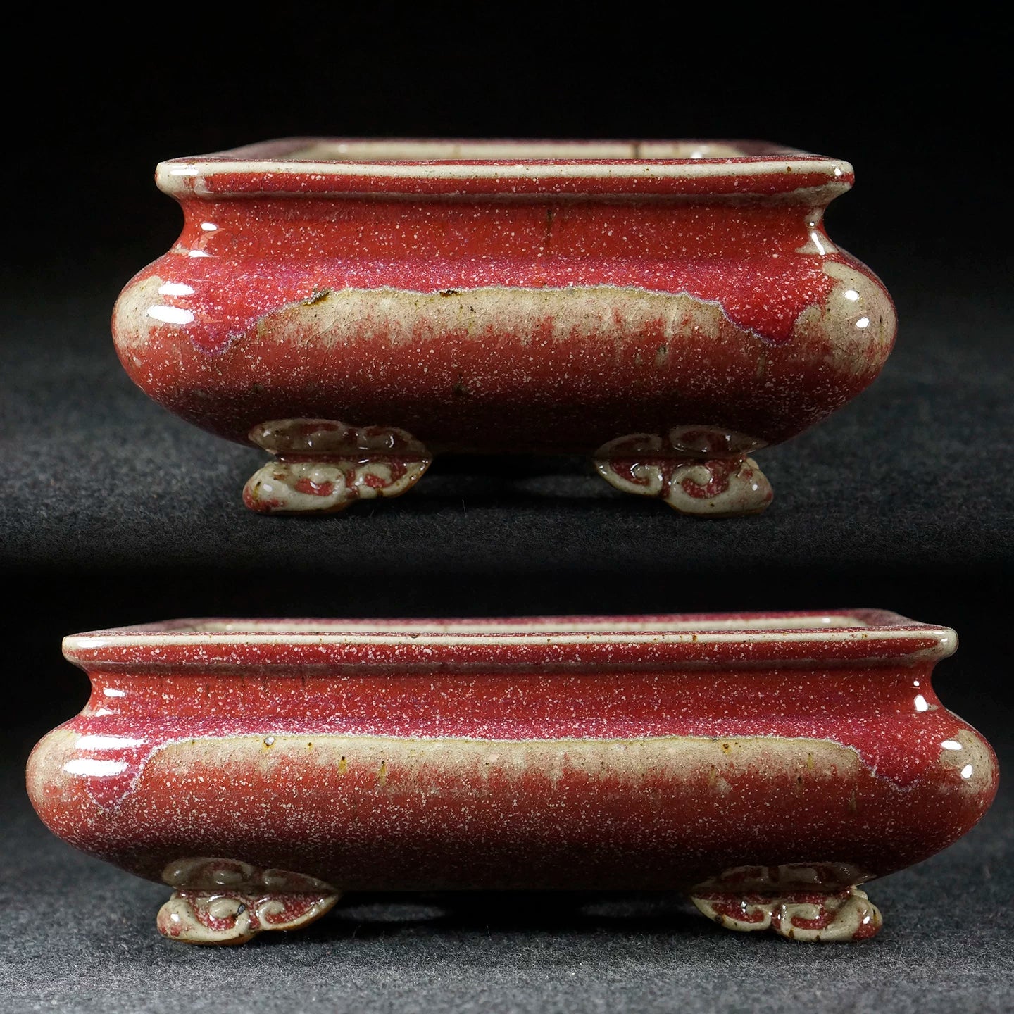 9.5 inch (24.3cm) Bulged Rectangular Pink-Red Multi-Tone Jun Glaze Bonsai Pot with Cloud Feet Side View