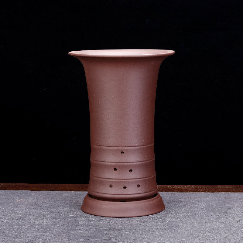 9.6" (24.5cm) Deep Round Flared Bamboo-Joint Like Cascade Bonsai Pot Brown Color