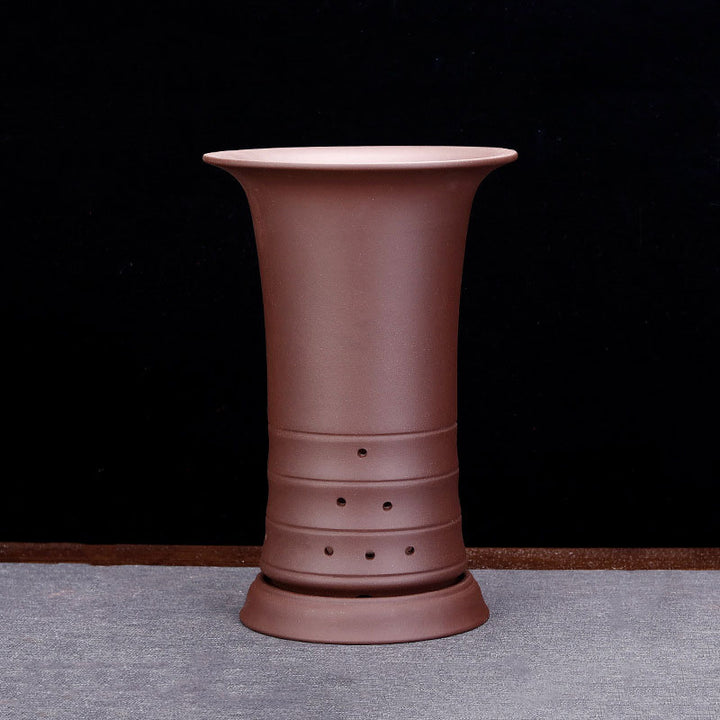 9.6" (24.5cm) Deep Round Flared Bamboo-Joint Like Cascade Bonsai Pot Brown Color
