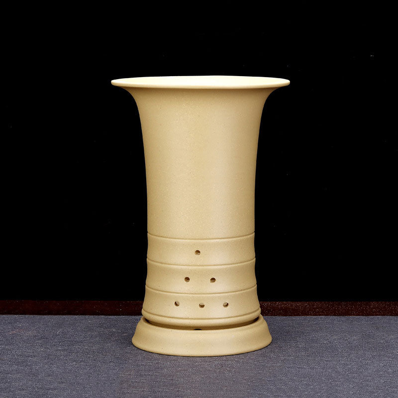 9.6" (24.5cm) Deep Round Flared Bamboo-Joint Like Cascade Bonsai Pot Yellow Color