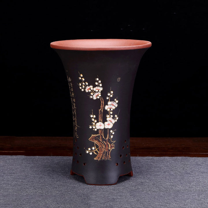 9.6 inch (24.5cm) Deep Round Artistic Premium Cascade Bonsai Pots Black Color