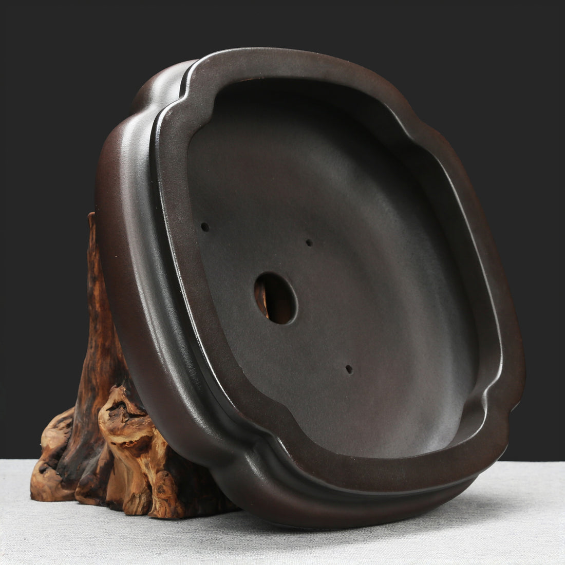 9.6 inch (24.5cm) Indented Corner Square Antique-Style Unglazed Bonsai Pot Side View