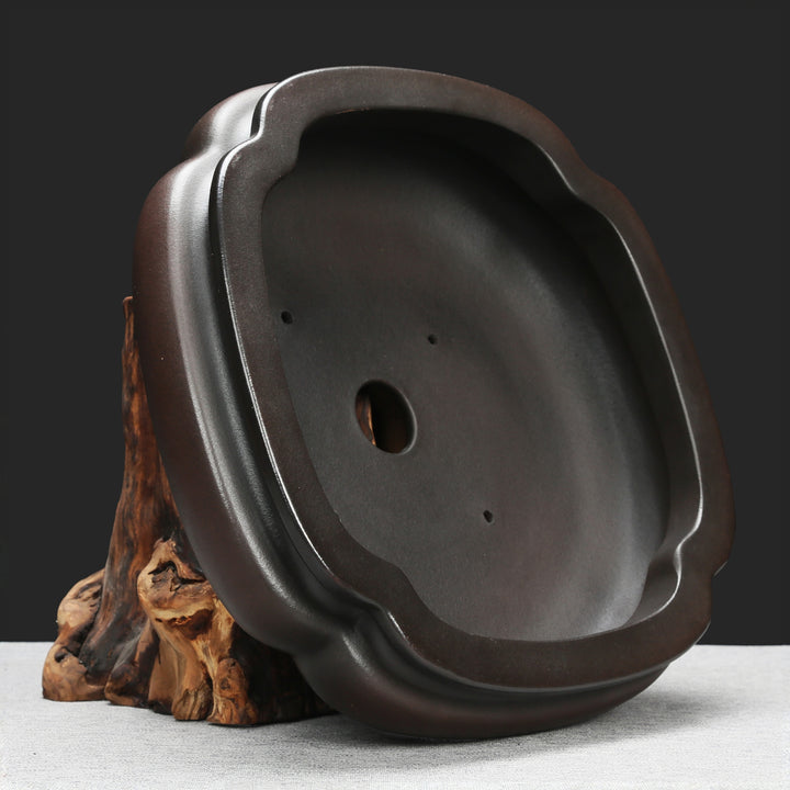 9.6 inch (24.5cm) Indented Corner Square Antique-Style Unglazed Bonsai Pot Side View