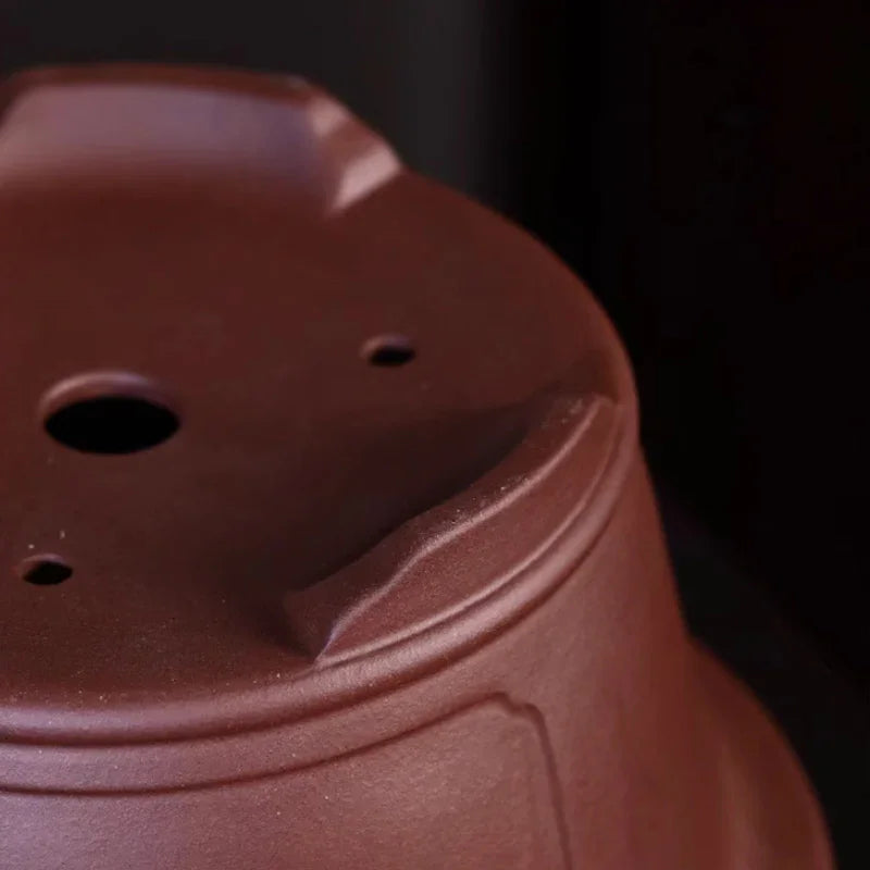 9.6 inch (24.5cm) Large 5.2 inch (13.4cm) Deep Flared Round Semi Cascade Bonsai Pot Bottom View Close Shot