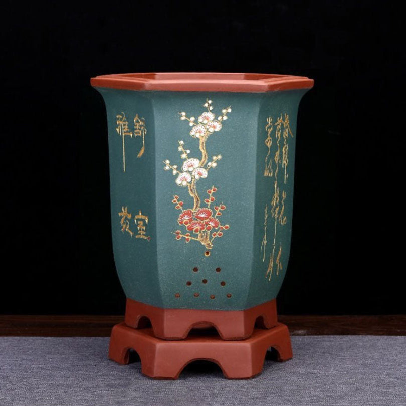 9.7" Deep Floral-Inspired Hexagonal Teal Cascade Bonsai Pot w Stand