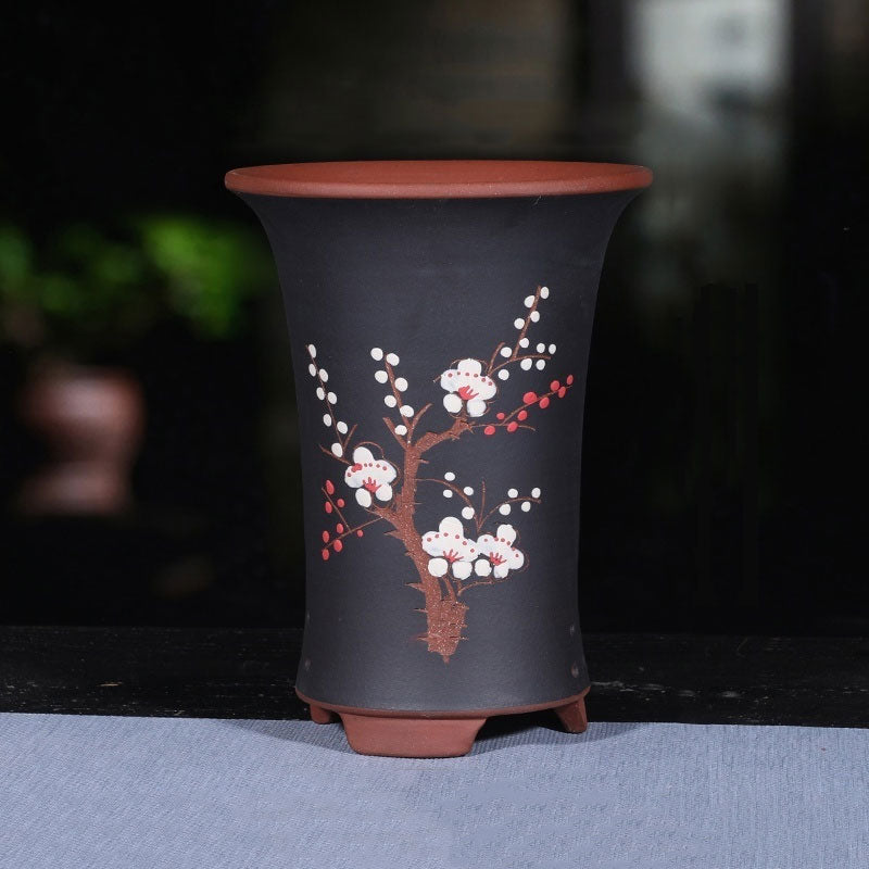 9.8" (25cm) Deep Round Artistic Floral Black Cascade Bonsai Pot