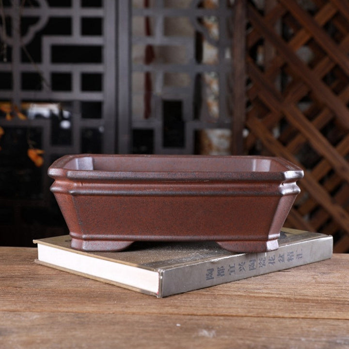9.8 inch (25cm) Corner-Cut Rectangular Wood-Fired Unglazed Bonsai Pot with Narrowed Rim